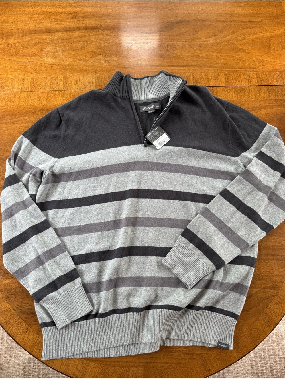 NWT Eddie Bauer Men's Gray and Black Striped Zip-Up Sweater